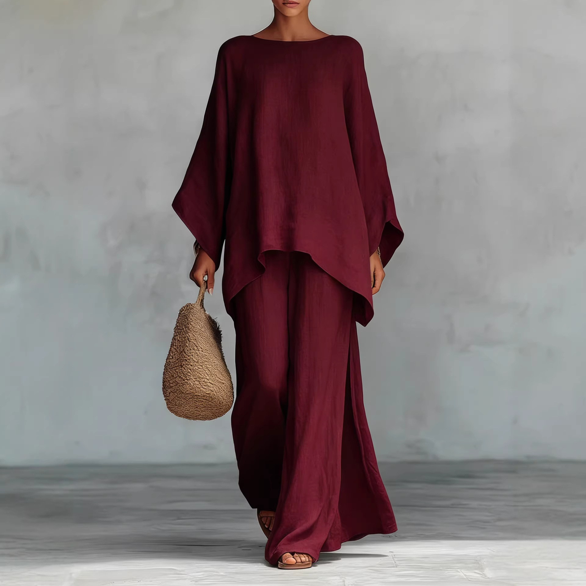 Women's Elegant Loose Solid Color Shirt and Wide-Leg Pants Set