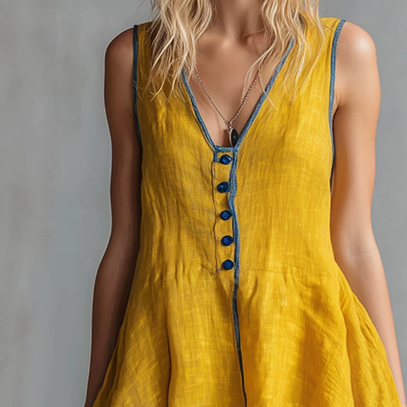 Retro Yellow Cotton-Linen Mini Dress with Piping, V-Neck Sleeveless