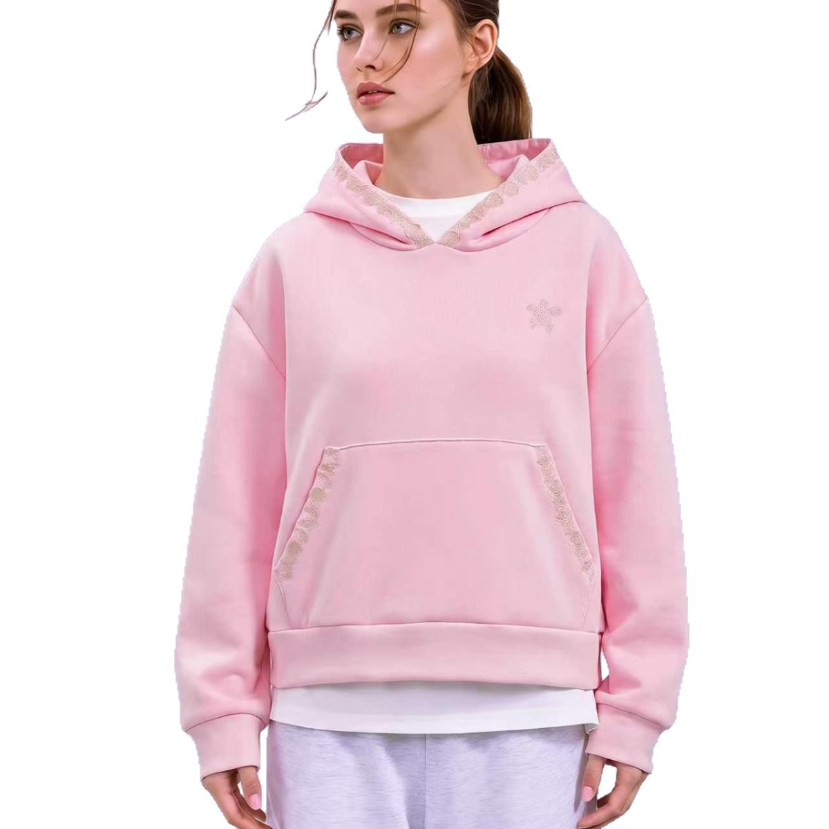 Women's Embroidered Hooded Sweatshirt Waist-Cinched Cropped Pullover