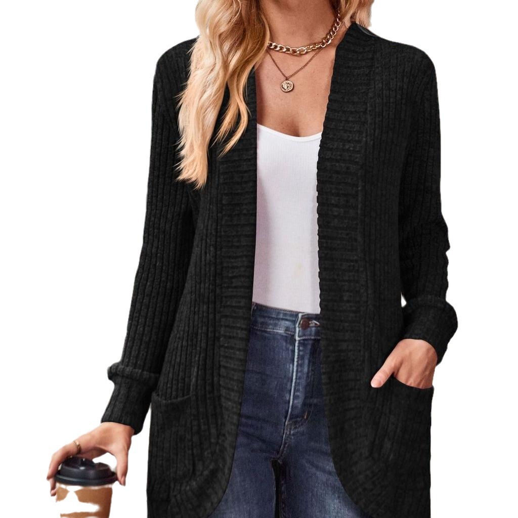 Solid Ribbed Brushed Long-Sleeve Cardigan