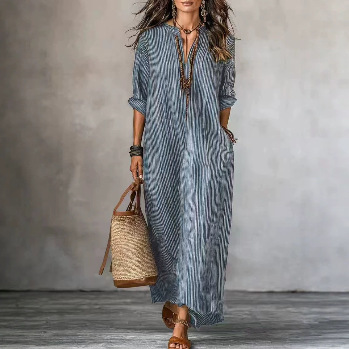 Women's V-Neck Striped Long Dress Loose Casual Summer Vacation