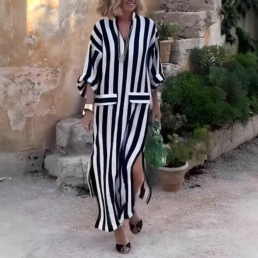 Striped Side Slit V-Neck Midi Dress