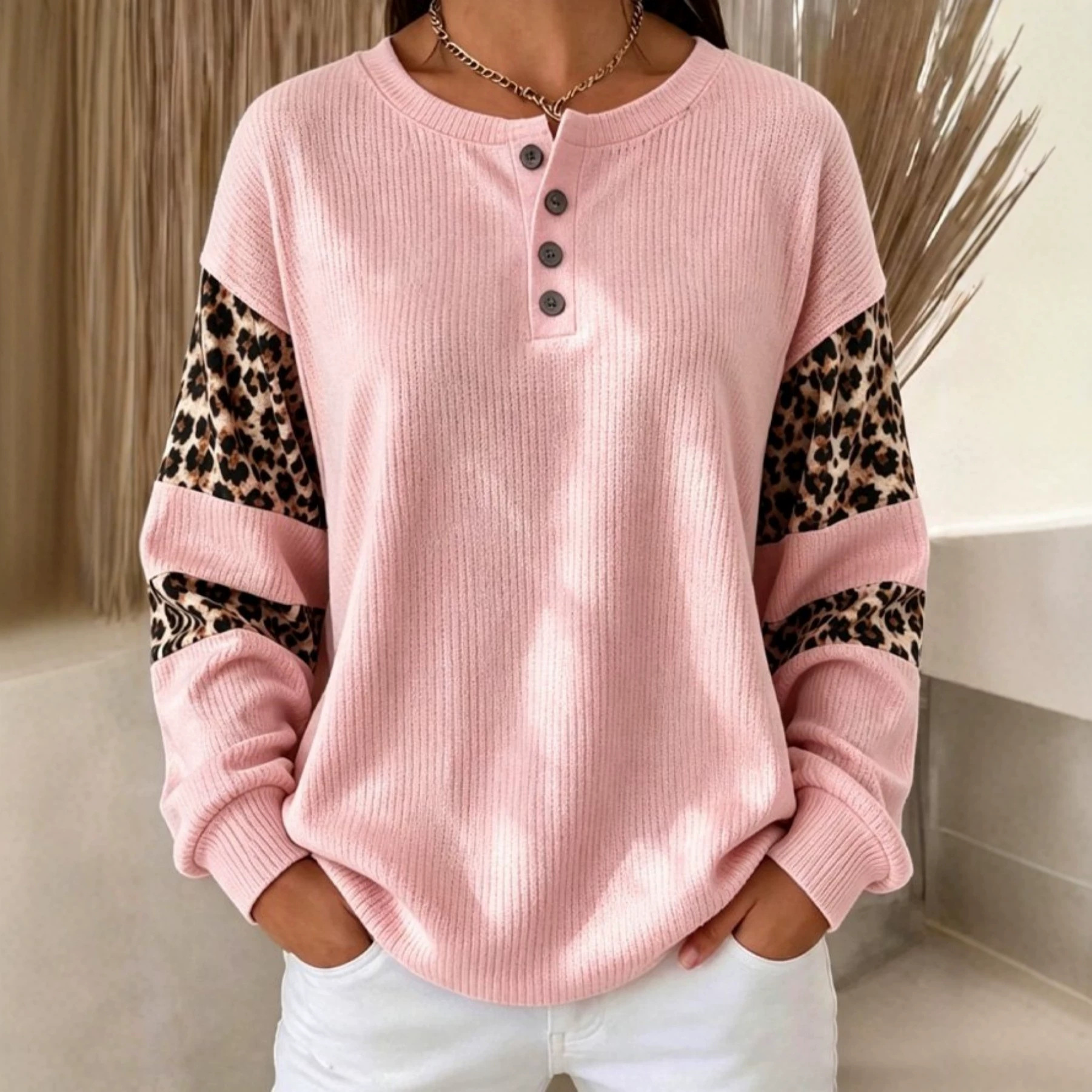 Women's Retro Color-Block Leopard Print Buttoned Sweatshirt
