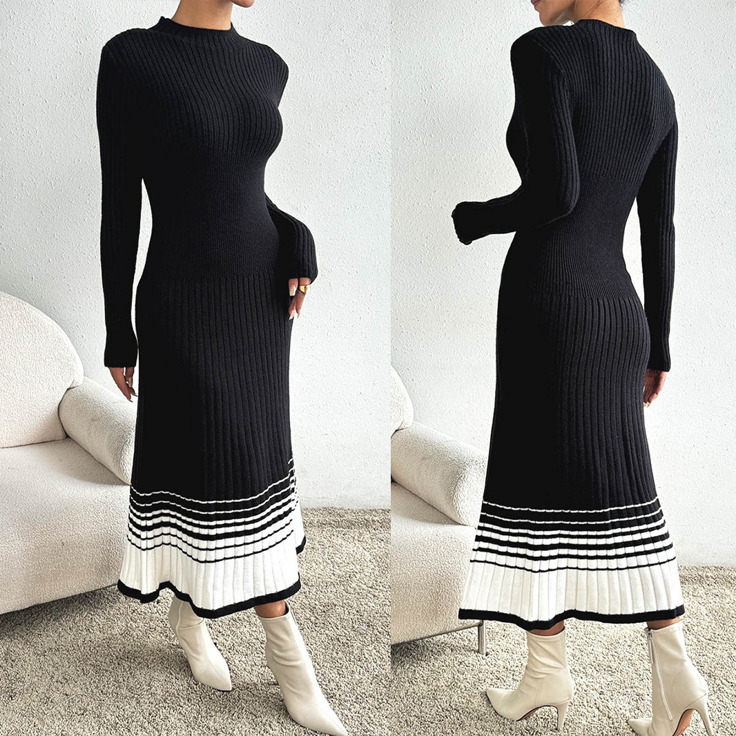 Women's Black and White Striped Pleated Sweater Dress Long Sleeve Crew Neck