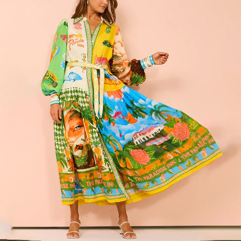 Elegant Printed Tie-Front Collared Long Sleeve A-Line Dress