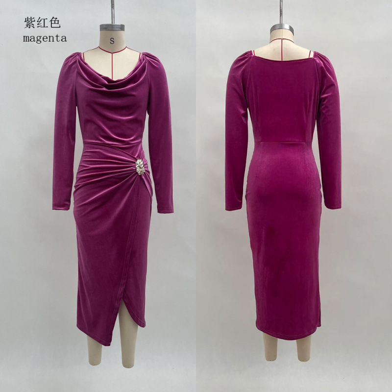 Women's Velvet Long Sleeve Ruched High Slit Bodycon Dress