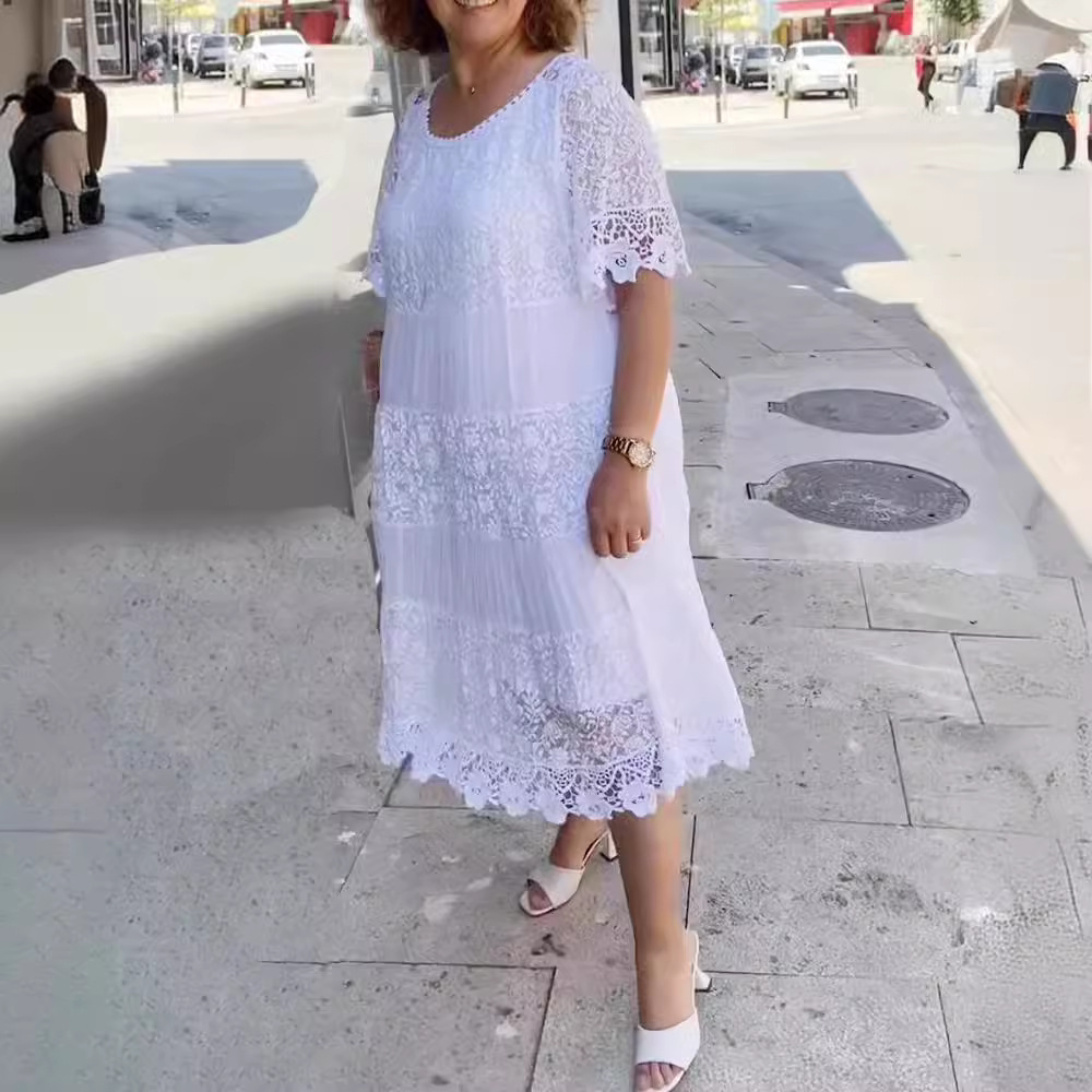 Women's Solid Color Hollow-Out Round Neck Short Sleeve Dress