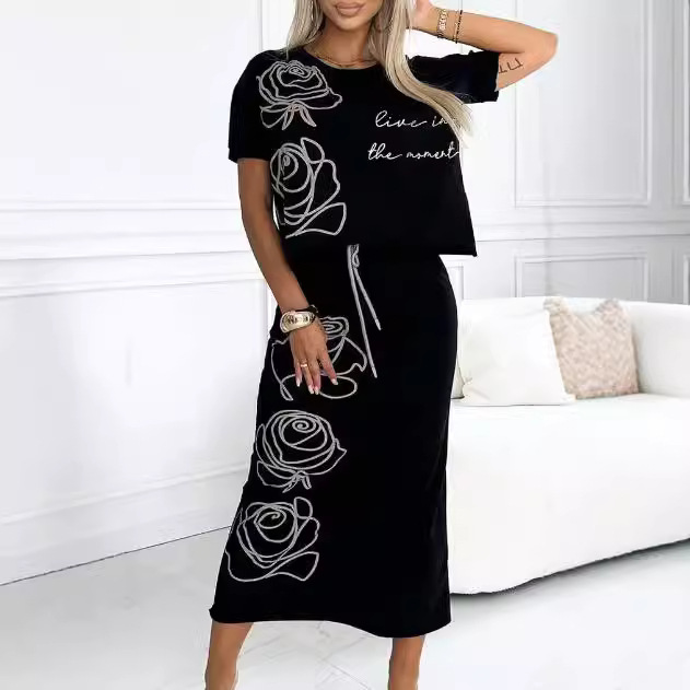 Women's Printed Two-Piece Skirt Set Casual Midi Dress