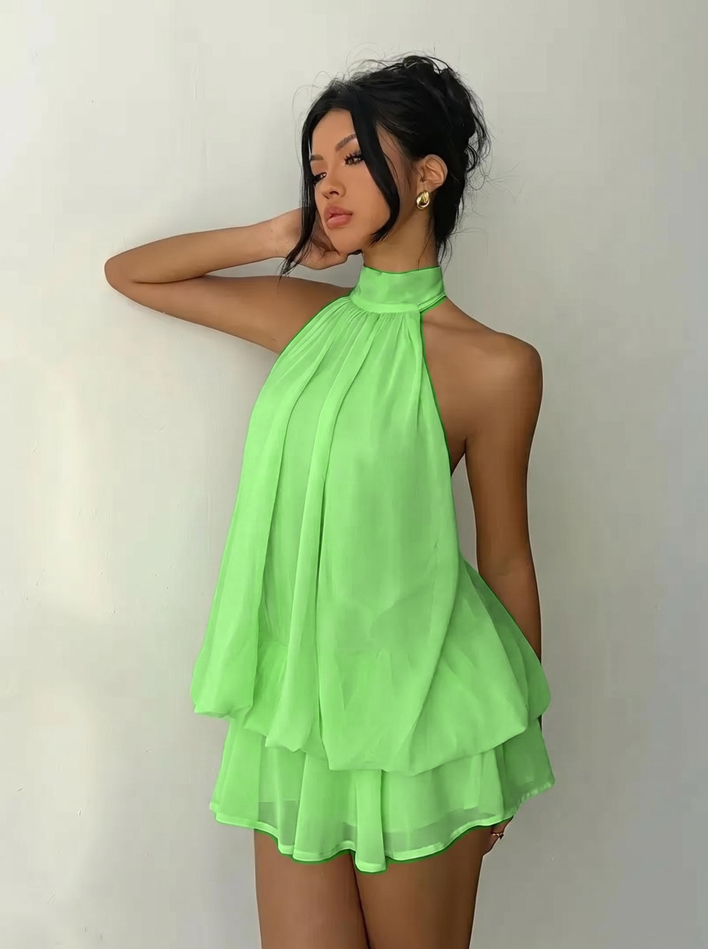 Women's Halter Neck Chiffon Dress High Waist A-Line Mini Vacation Dress