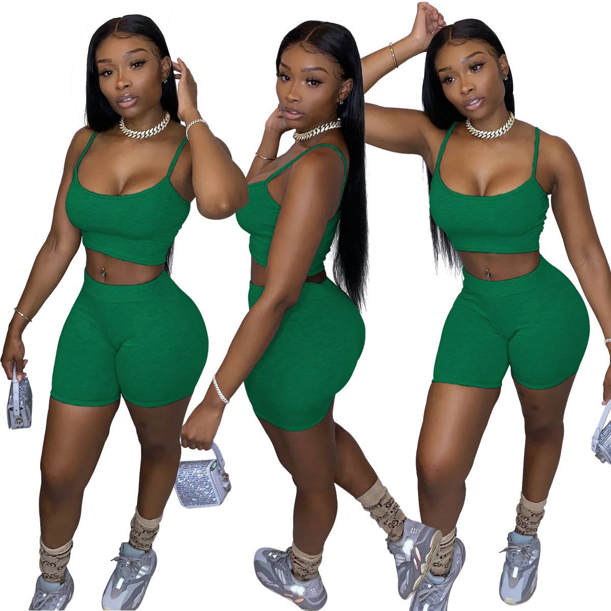 Women's Solid Color Crop Cami Top and Biker Shorts Set