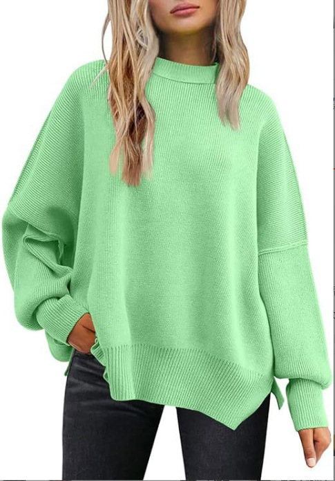 Women's Crewneck Batwing Sleeve Side Slit Loose Knit Sweater