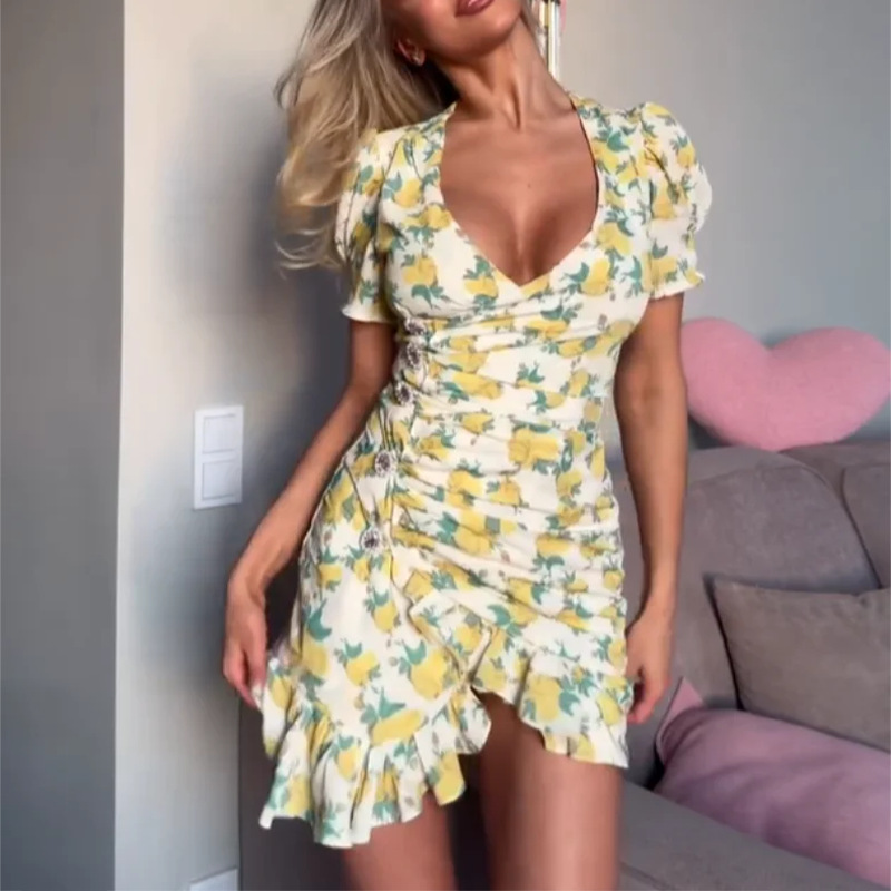 Sweet V-Neck Floral Ruffle Dress