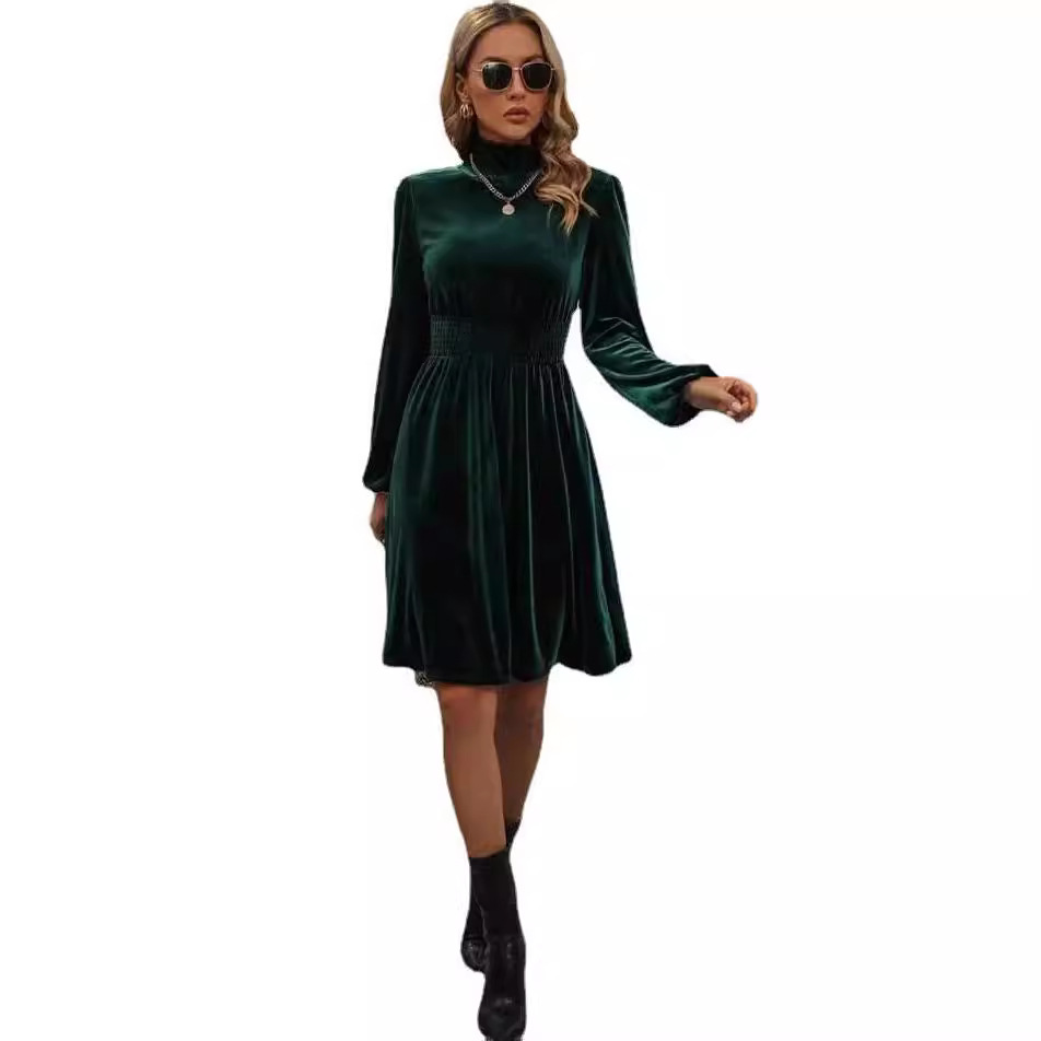 Velvet Long Sleeve Midi Dress with Stand Collar and Puff Sleeves