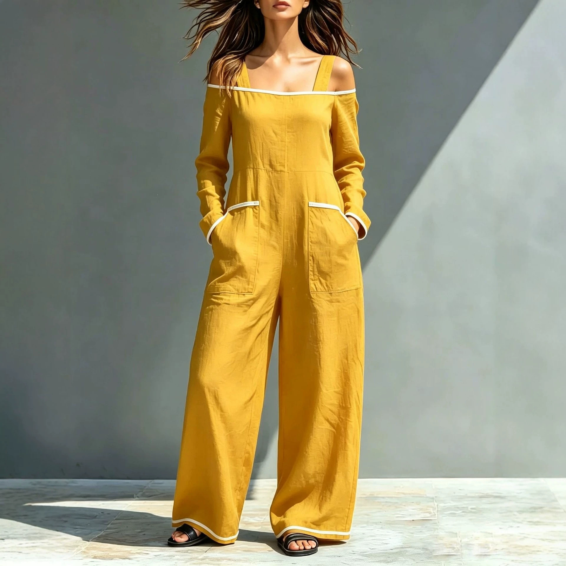 Off-Shoulder Colorblock Wide-Leg Jumpsuit with Pockets