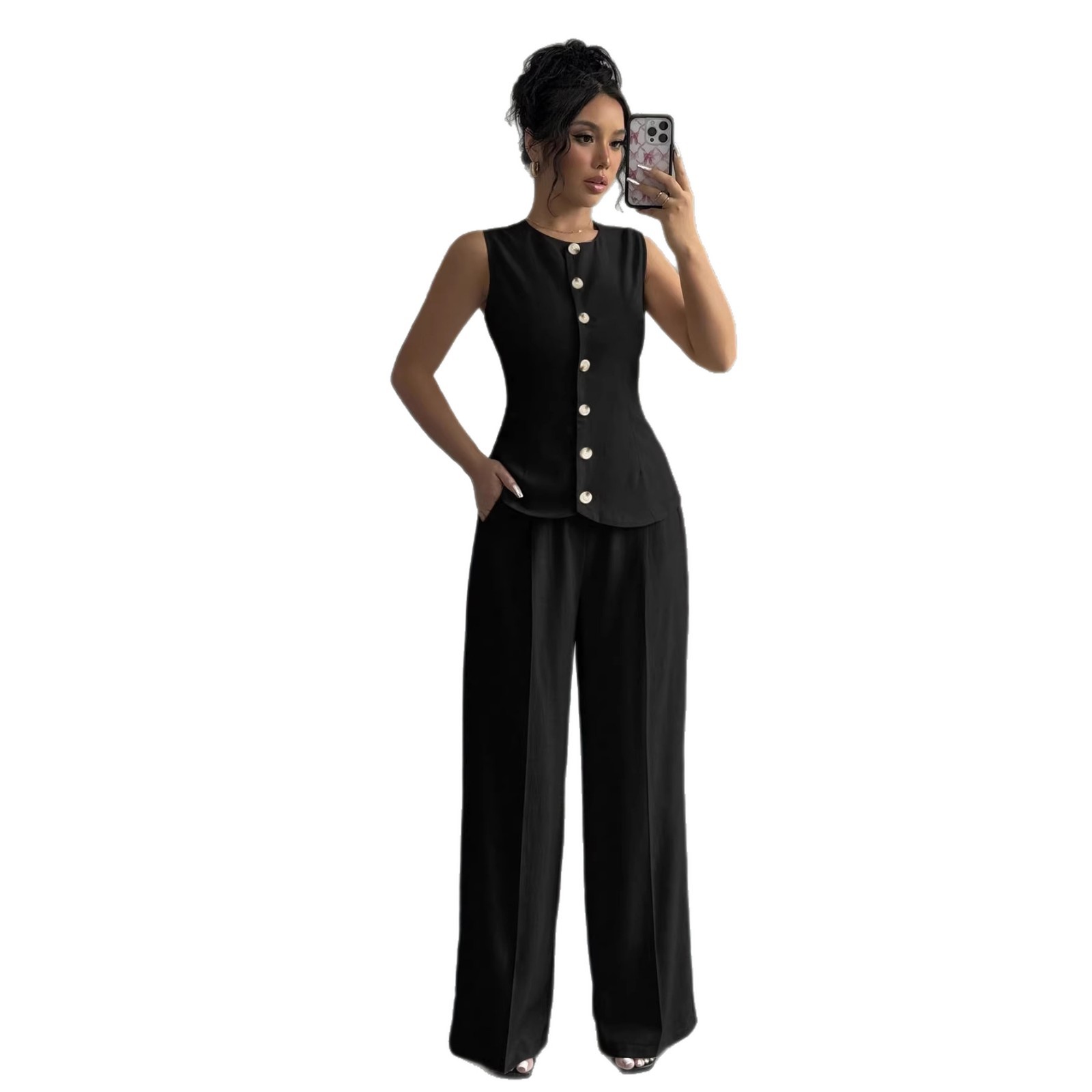 Women's Sleeveless Vest and Wide-Leg Pants Set Solid Color Commuter Two-Piece