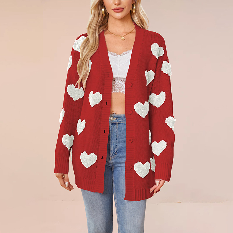 Heart Jacquard Knit Cardigan V-Neck Button Midi Length