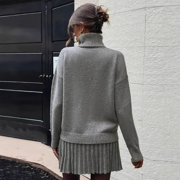 Women's Casual Knit Turtleneck Long Sleeve Top and Mini Skirt Two-Piece Set