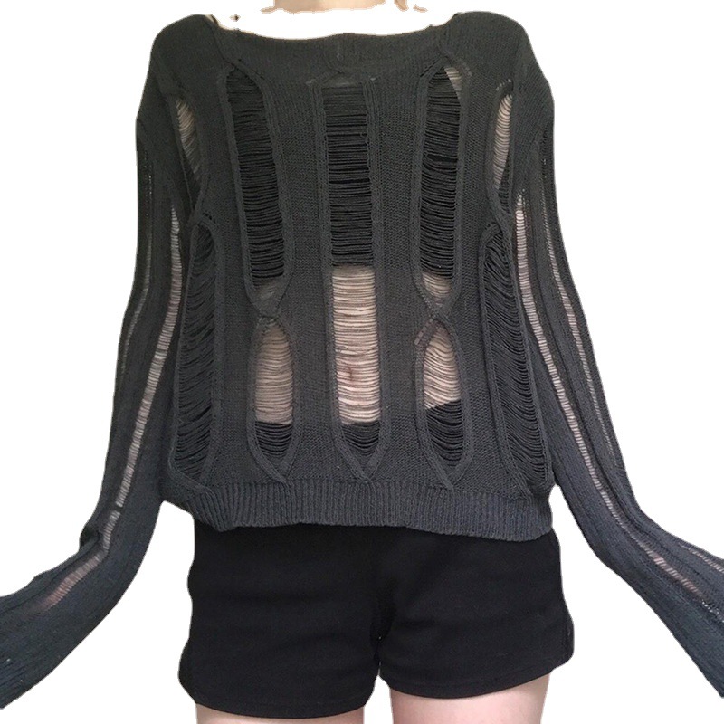 Women's Round Neck Long Sleeve Hollow Out Knit Sweater Loose Casual Pullover