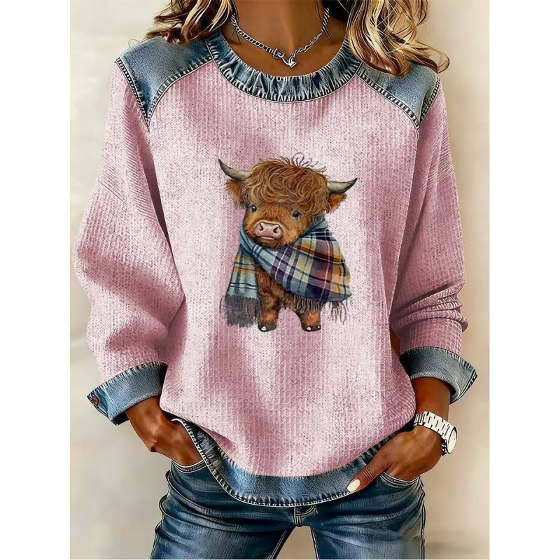 3D Print Colorblock Denim Collar Pullover Sweatshirt Women's Long Sleeve Loose Fit