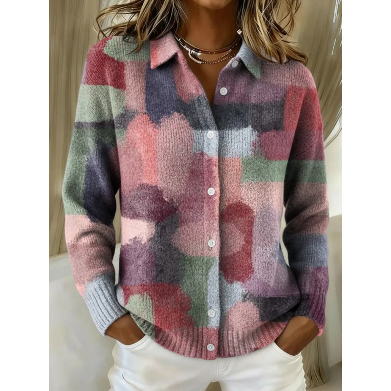 Women's Collared Button-Front Cardigan Sweater, Solid 3D Print Knit, Loose Fit