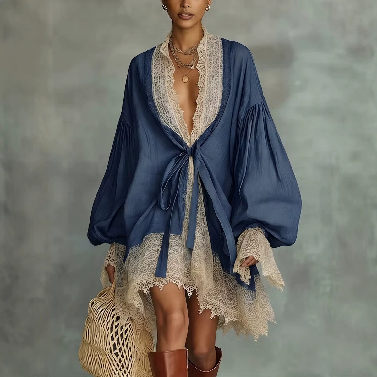 V-Neck Bubble Sleeve Lace-Up Midi Dress