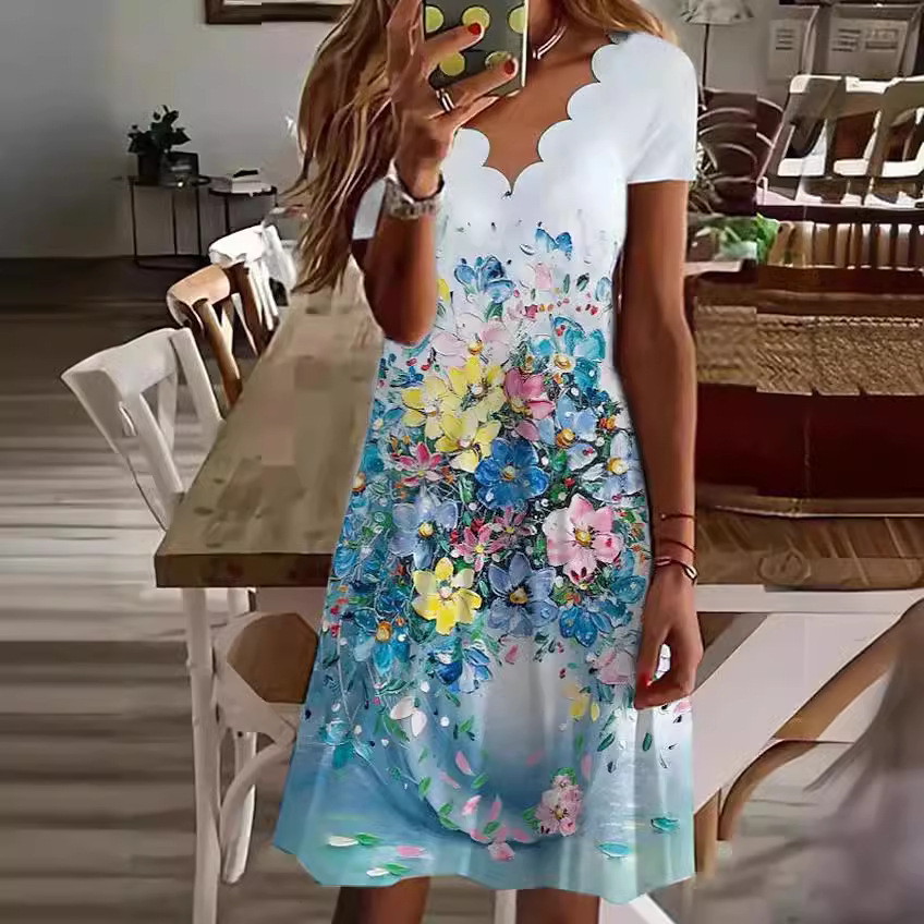 Women's Summer Digital Print V-Neck Short Sleeve Dress
