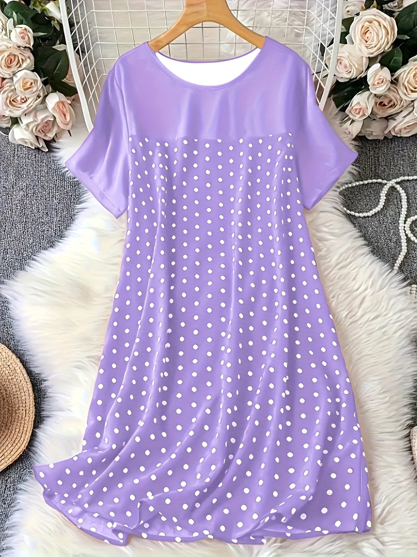 Polka Dot Round Neck Short Sleeve Sleep Dress Comfortable A-Line Dress