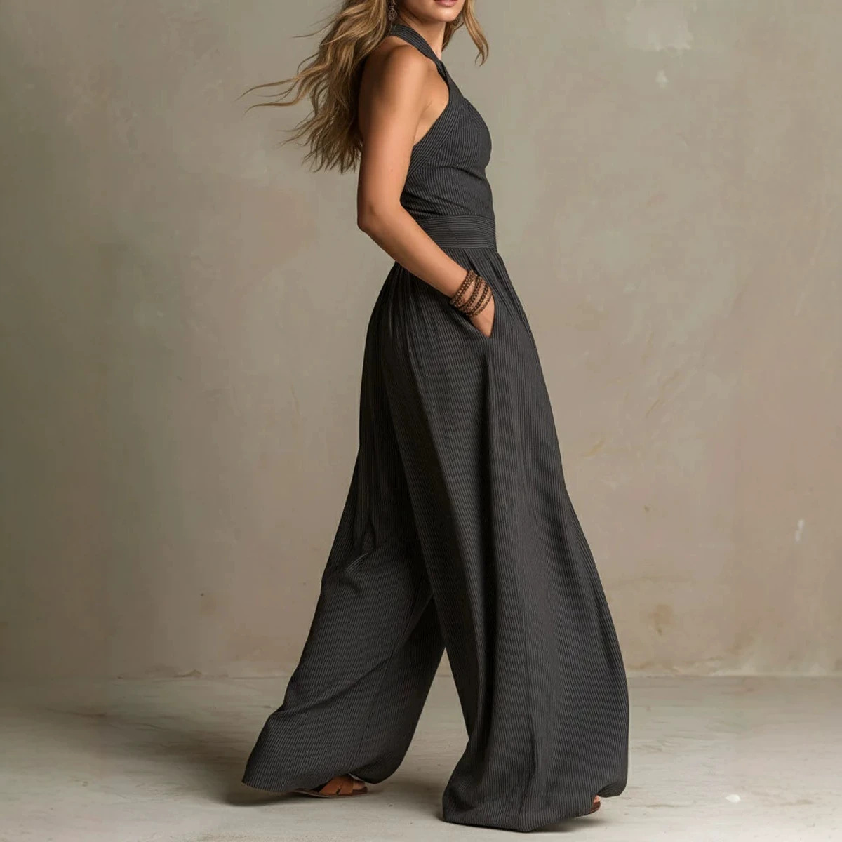 Dark Gray Pinstripe Cross Halter Wide-Leg Jumpsuit with Belt and Pockets