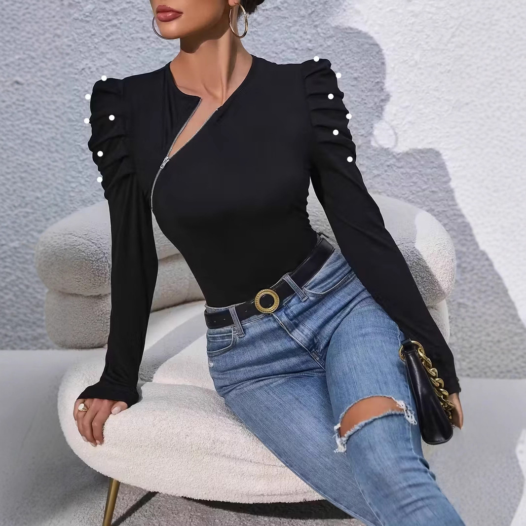 Elegant Pearl Beaded Puff Sleeve Asymmetric Zip T-Shirt
