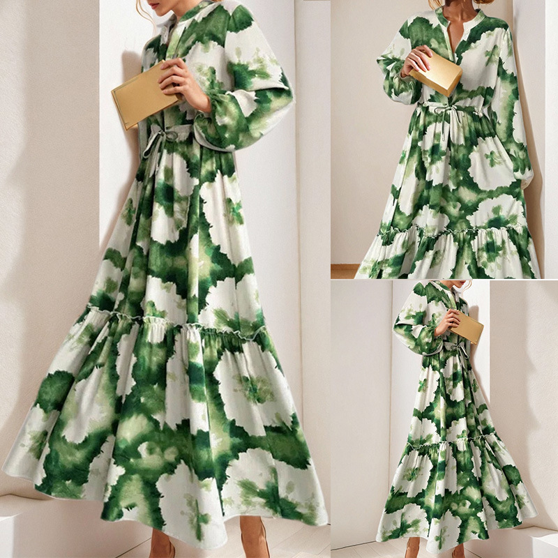 Women's Colorblock Floral Print V-Neck Waist-Cinched Midi Dress