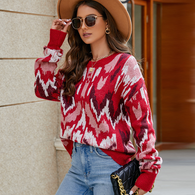 Retro Color-Block Jacquard Pullover Sweater Women Loose Long Sleeve Knit Top
