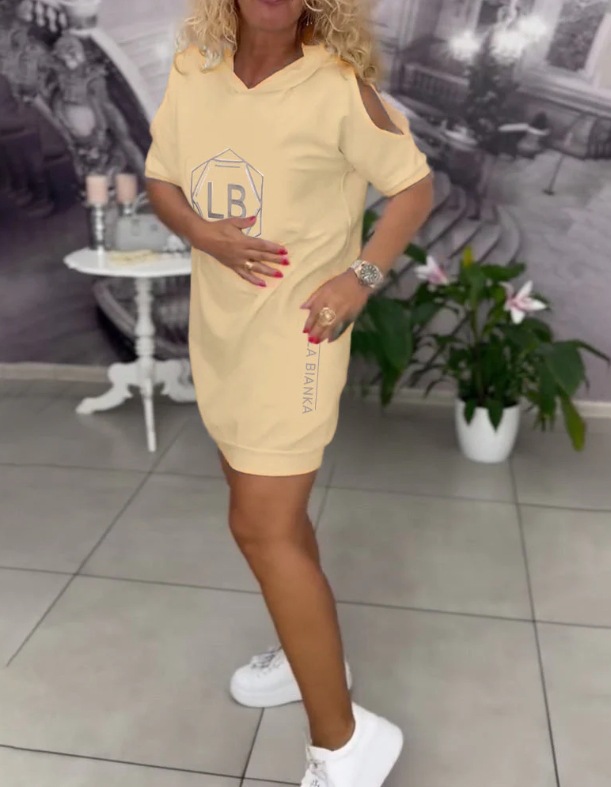 Women's Summer Letter Print Hooded Loose Dress with Pockets
