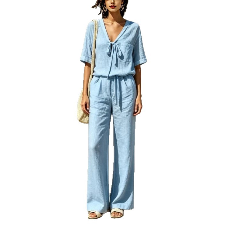 Women's Summer V-Neck Half-Sleeve Tie-Waist Casual Pants Set