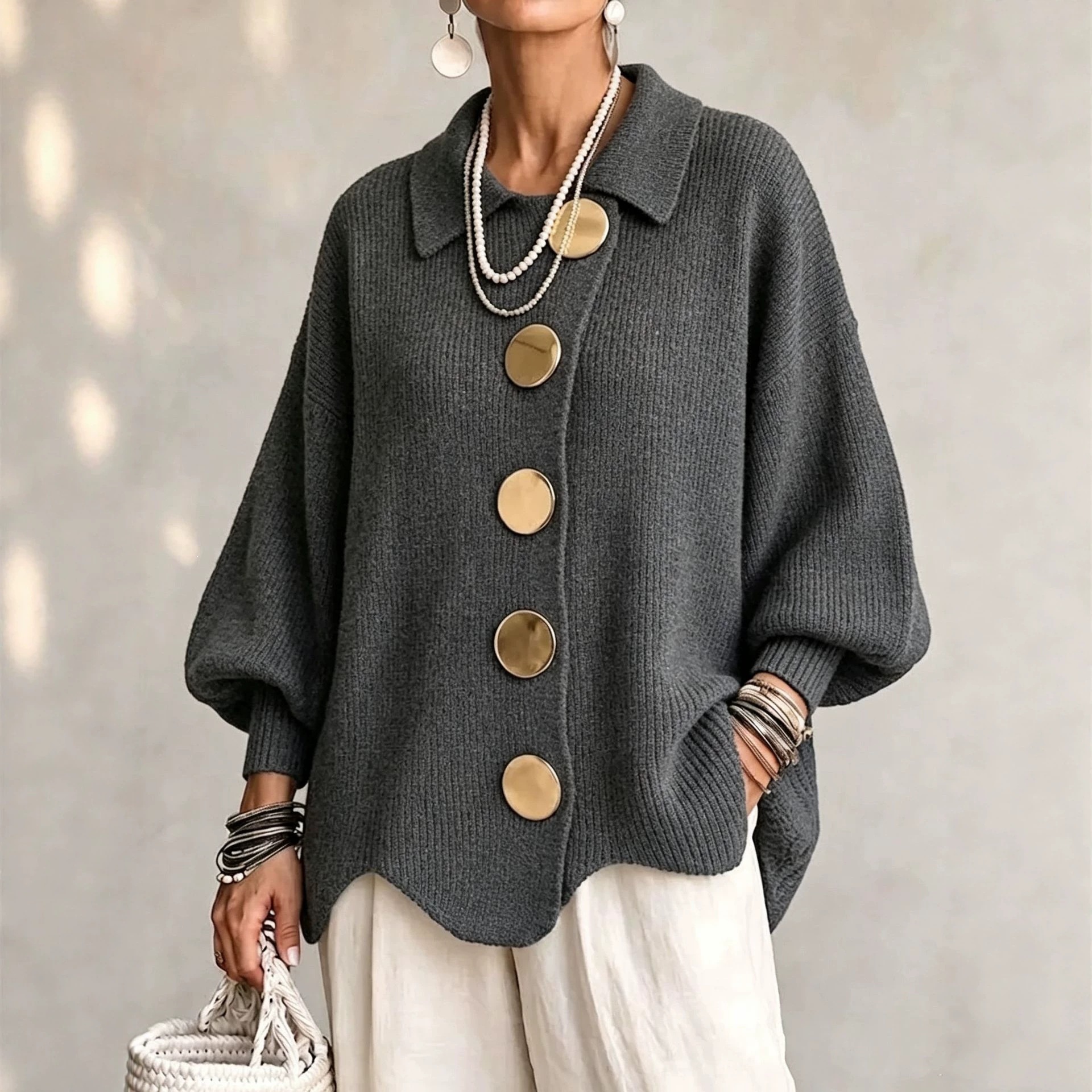 Button-Front Knit Collared Cardigan Sweater Coat