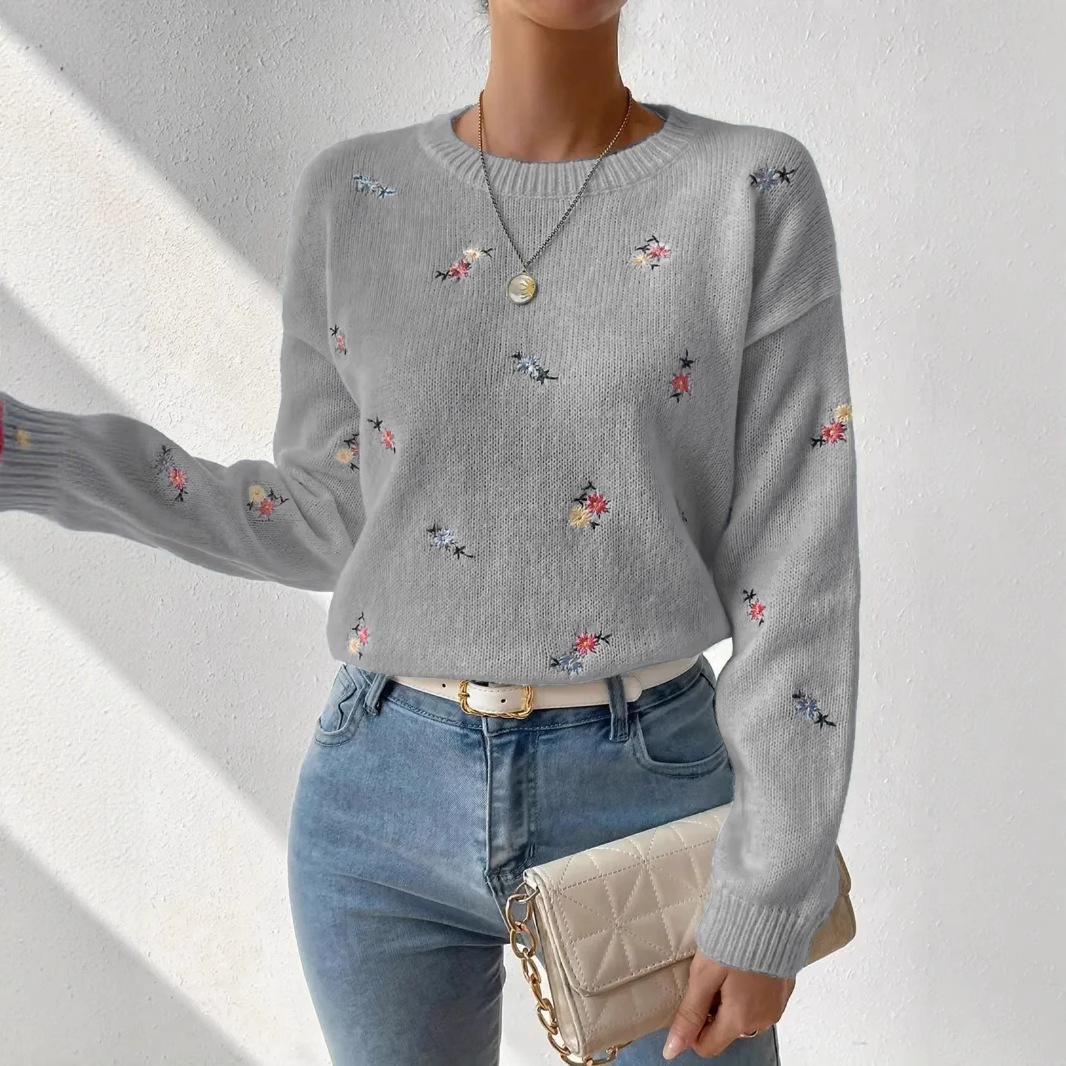 Korean-Style Soft Knit Round-Neck Pullover Sweater Loose Floral Embroidered Top