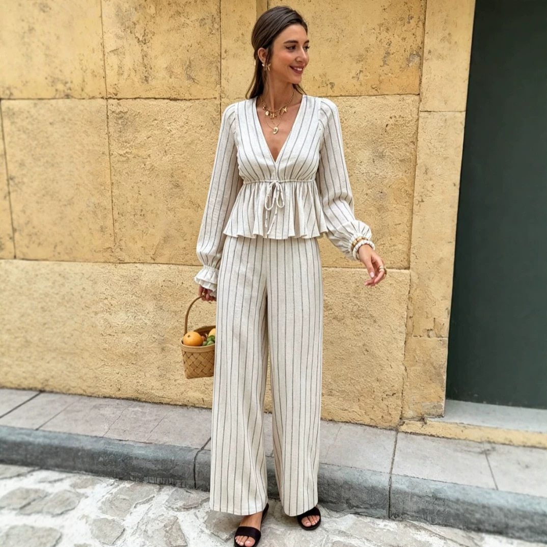 V-Neck Tie Striped Long Sleeve Top and Pants Two-Piece Set