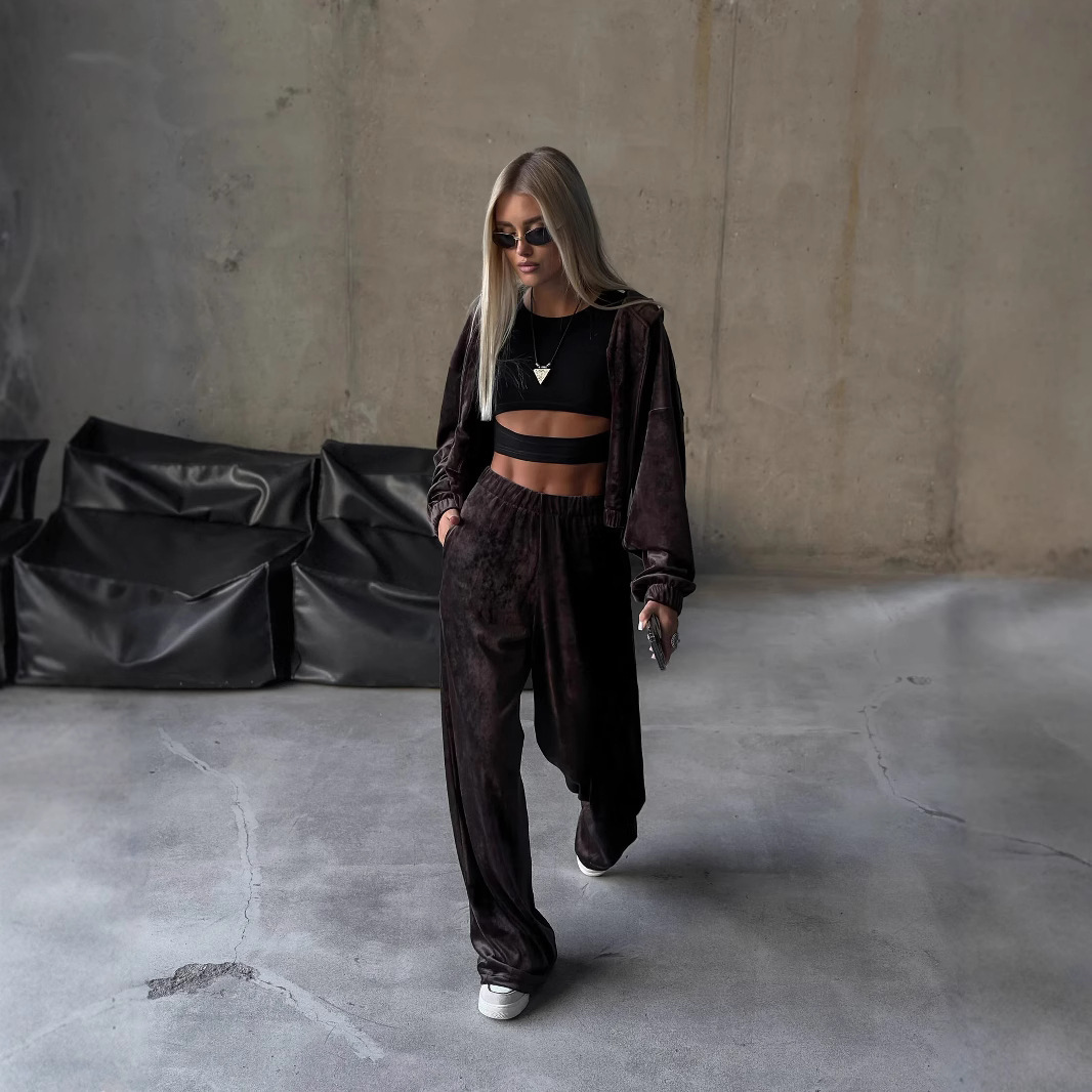 Velvet Hooded Cardigan & Straight-Leg Pants Two-Piece Set