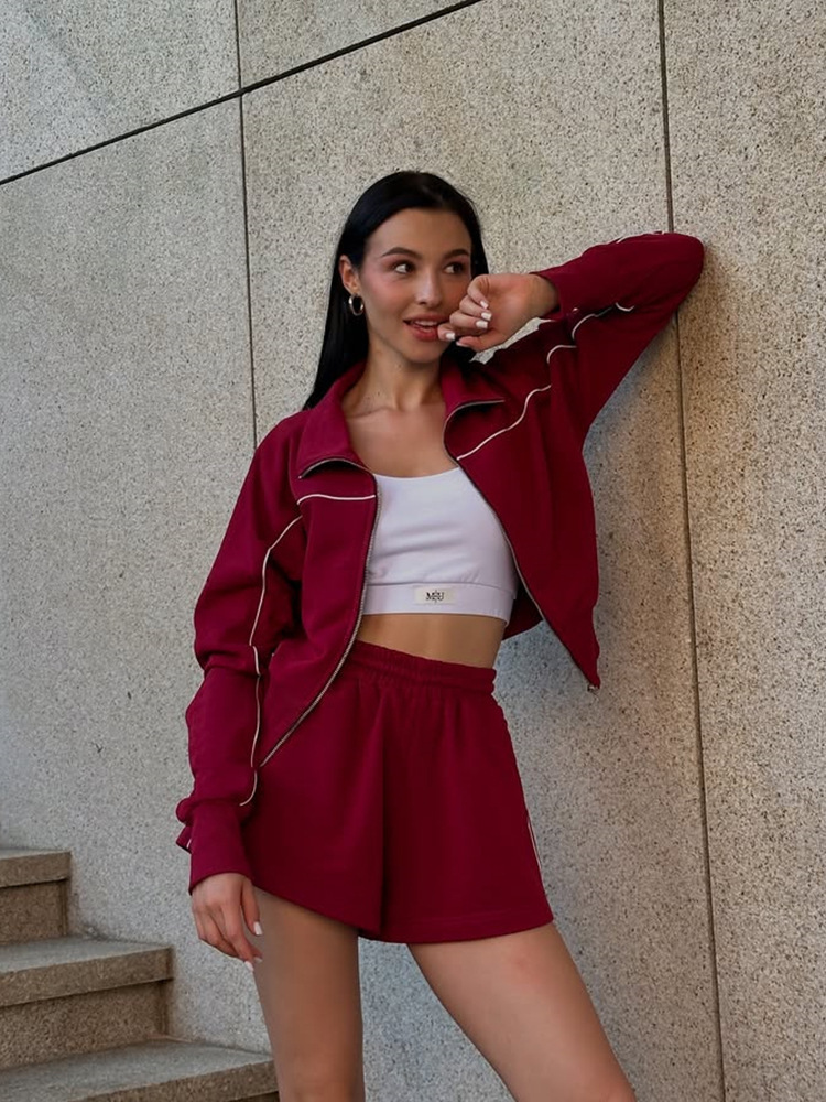 Striped Two-Piece Lounge Set with Long Sleeve Zip-Up Collared Top and Elastic Waist Shorts