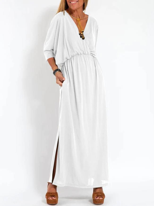 Women's High-Waist Slit Short-Sleeve Dress in Solid Colors