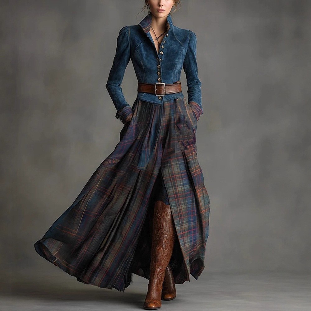 Green Faux Suede Striped Long Sleeve Maxi Dress