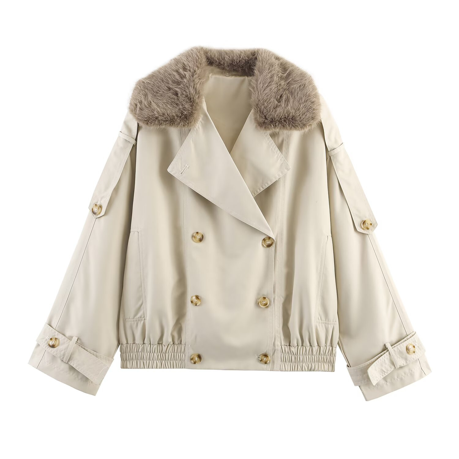 Women's Cropped Trench Jacket with Shoulder Epaulettes, Double-Breasted, Light Khaki