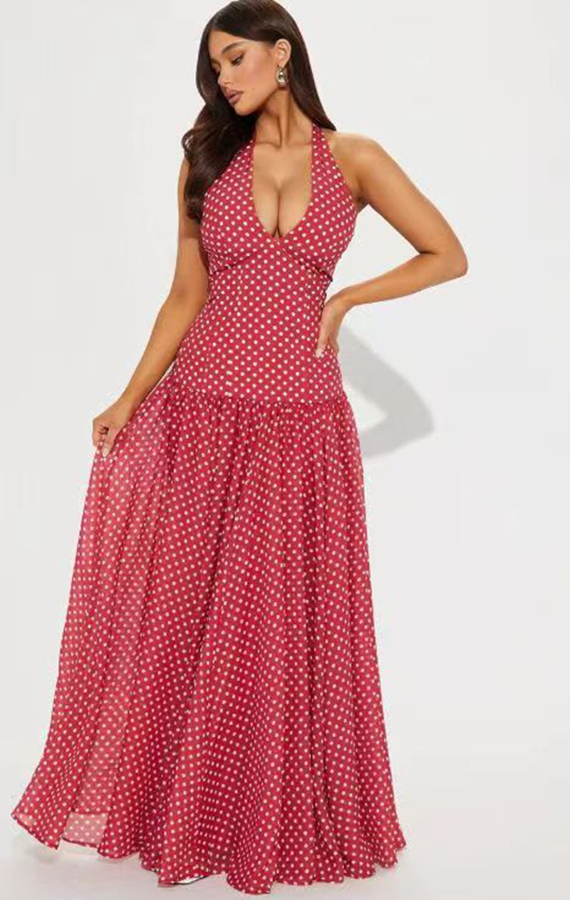 Polka Dot Halter Open Back Slimming Midi Dress
