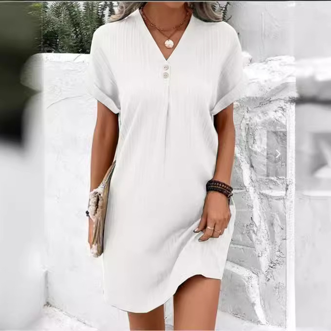 V-Neck Solid Color Button A-Line Short Dress