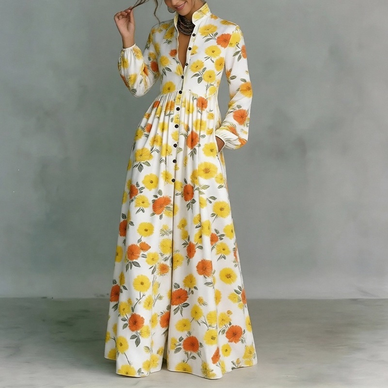 French Style Printed Long Dress with Collar, Loose Casual Vacation Dress