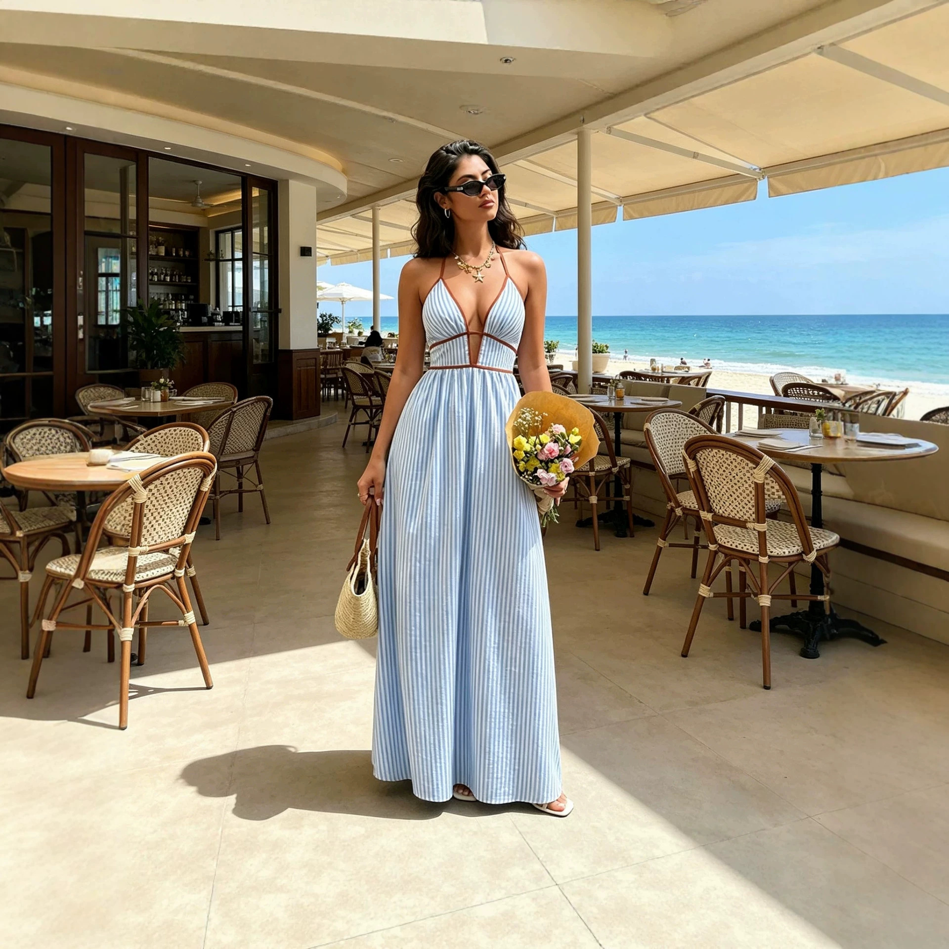 Women's Deep V-Neck Striped Sleeveless Maxi Dress
