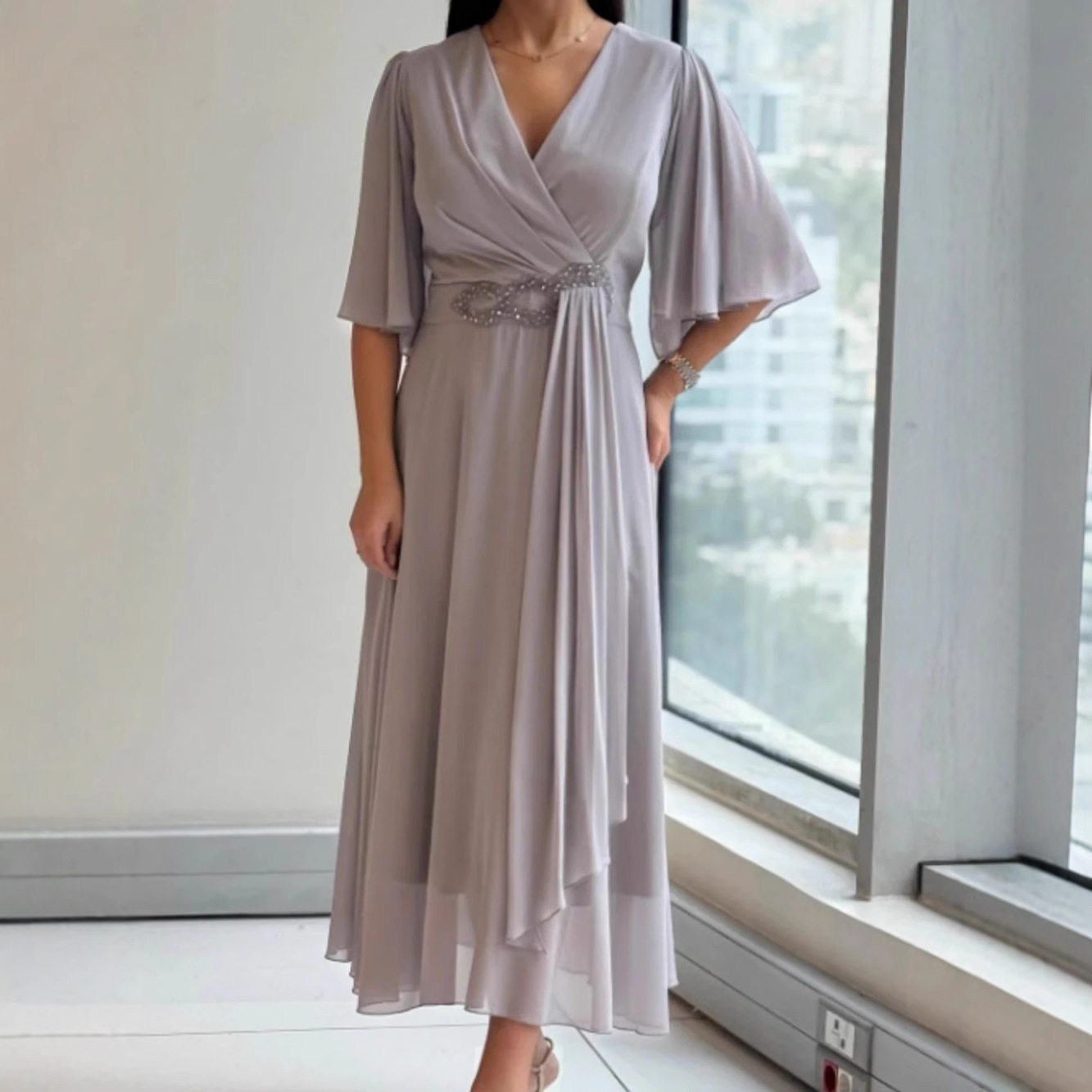 Women's V-Neck Ruched Long Dress Solid Color
