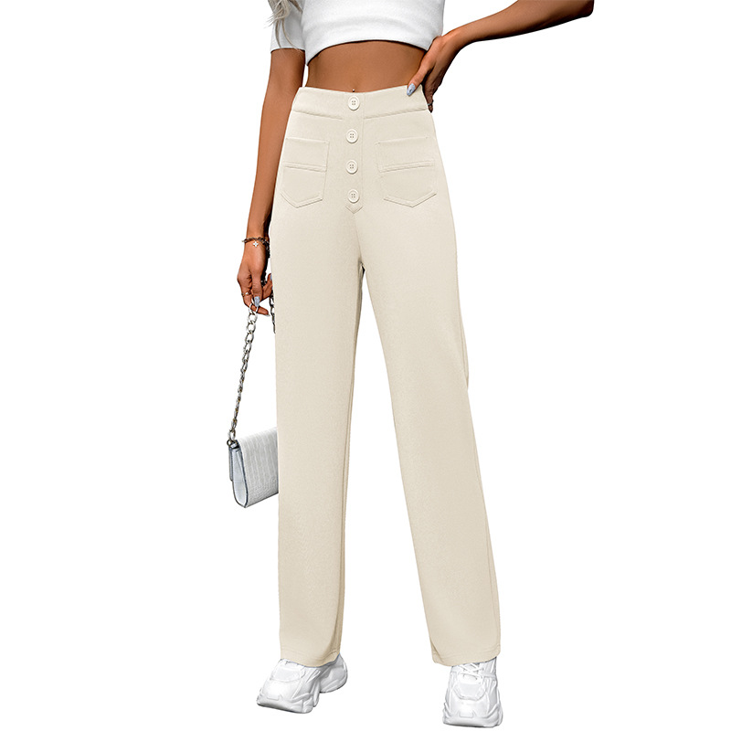 High-Waist Wide-Leg Button Pants with Pockets Casual Straight-Leg Trousers