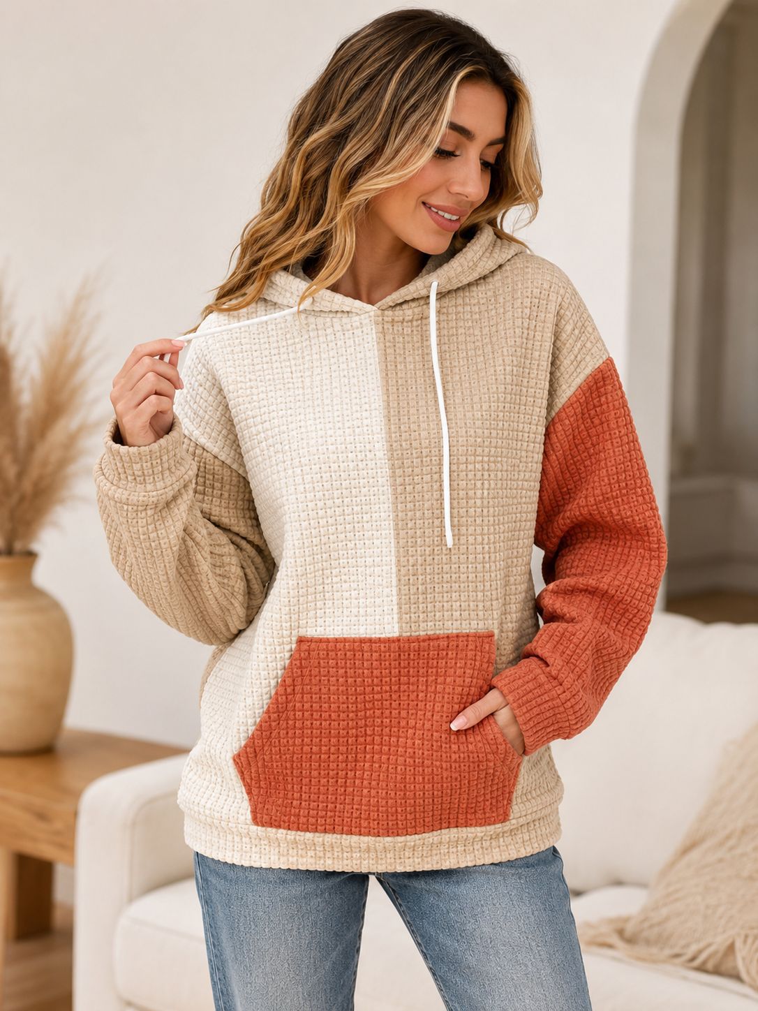 Plus Size Colorblock Waffle Knit Hoodie Women's Pullover