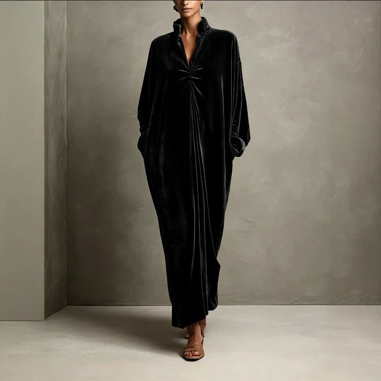 Stand Collar Velvet Long Dress with Twist Knot Detail