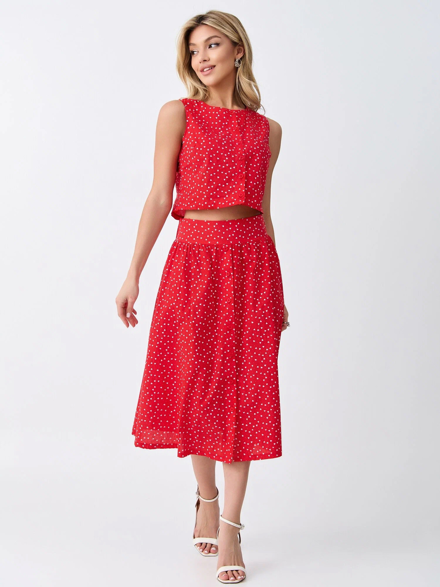 Polka Dot Sleeveless Crop Top and High-Waist Skirt Two-Piece Set